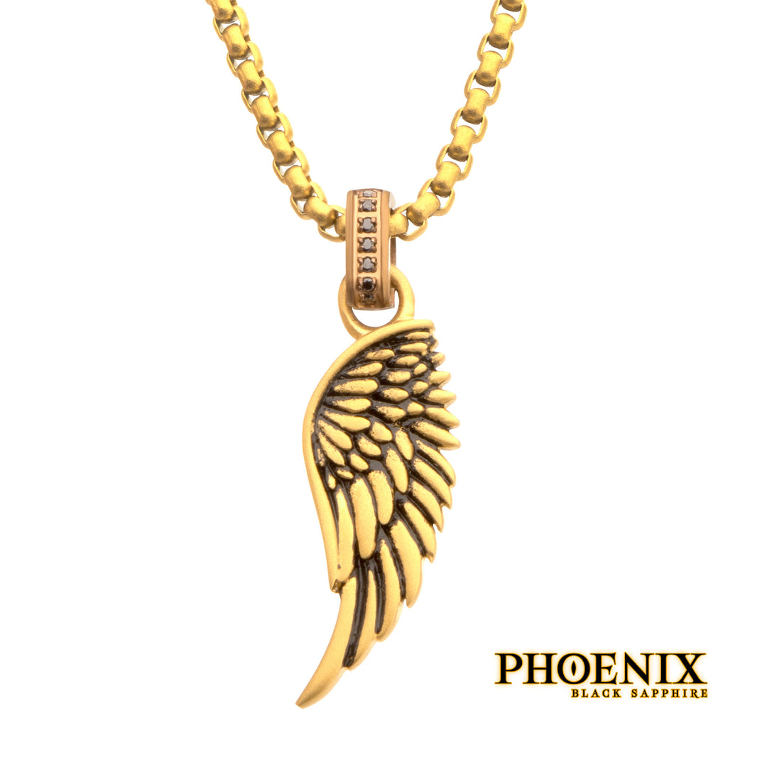 18Kt Gold IP Matte Finish Steel Oxidized Phoenix Pendant with Brown Glint of Black Sapphire Bail