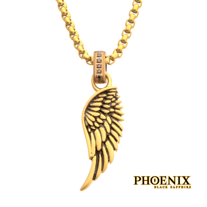 18Kt Gold IP Matte Finish Steel Oxidized Phoenix Pendant with Brown Glint of Black Sapphire Bail