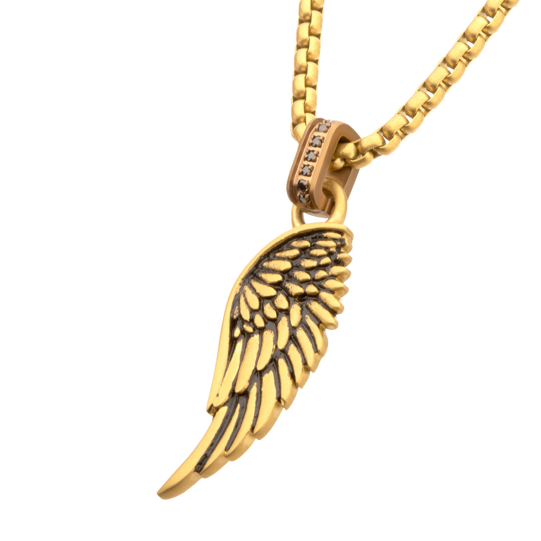 18Kt Gold IP Matte Finish Steel Oxidized Phoenix Pendant with Brown Glint of Black Sapphire Bail