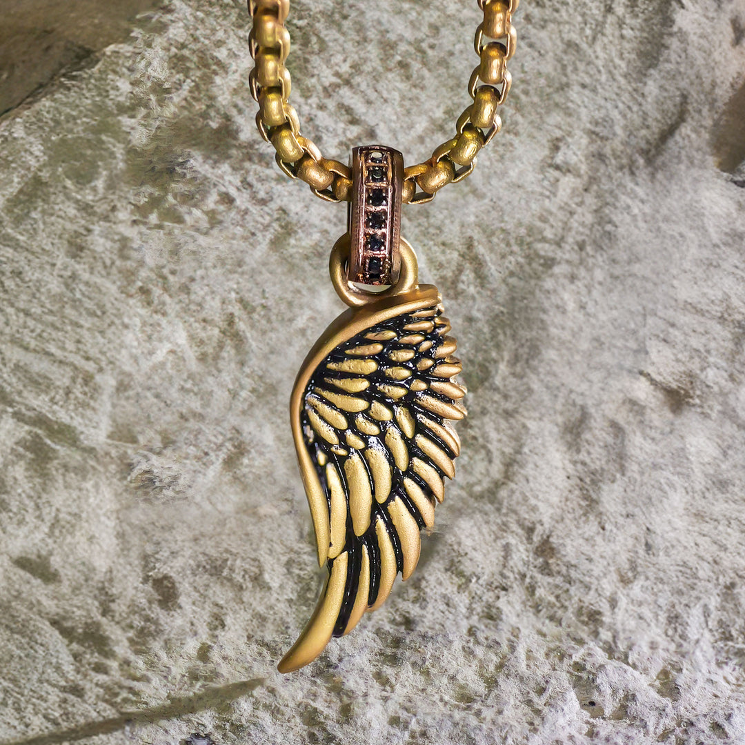 18Kt Gold IP Matte Finish Steel Oxidized Phoenix Pendant with Brown Glint of Black Sapphire Bail