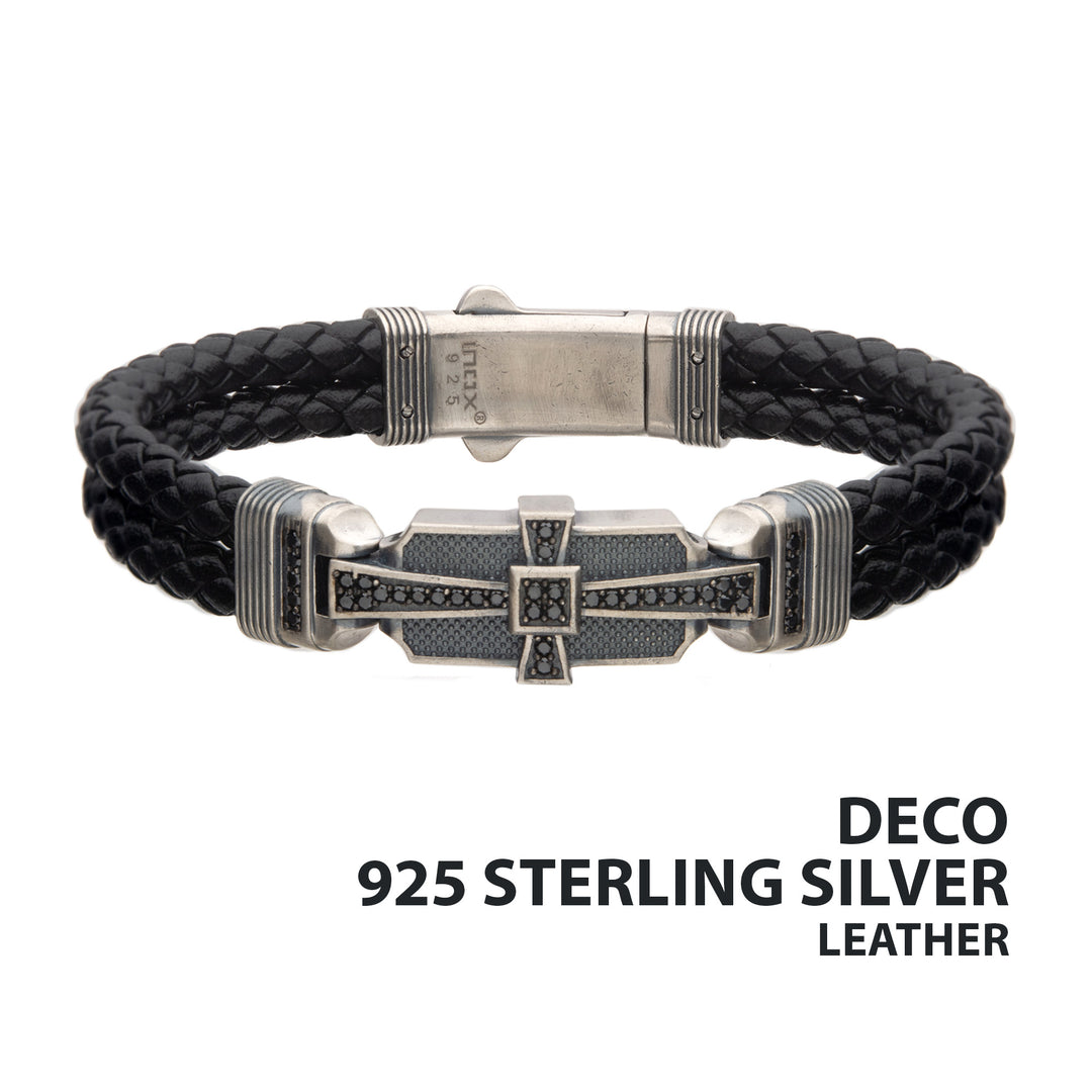 Genuine Sterling Silver with Double Braid Black Leather & 40pc Black CZ Bracelet
