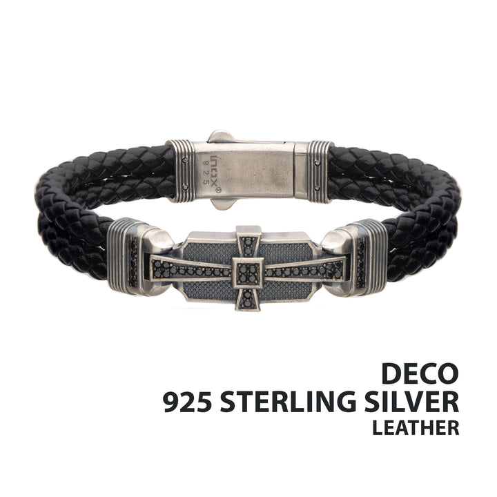 Genuine Sterling Silver with Double Braid Black Leather & 40pc Black CZ Bracelet