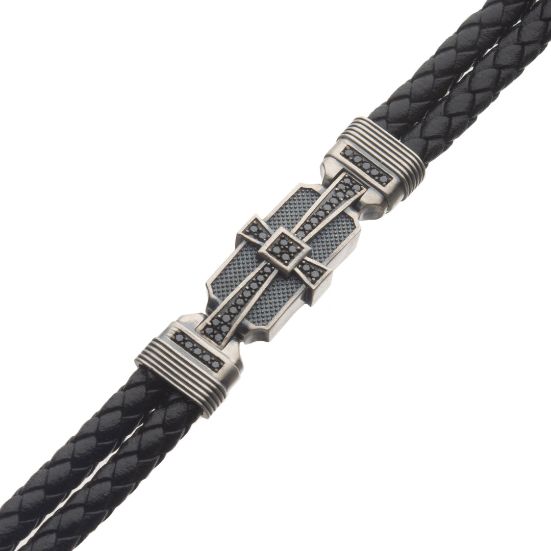Genuine Sterling Silver with Double Braid Black Leather & 40pc Black CZ Bracelet