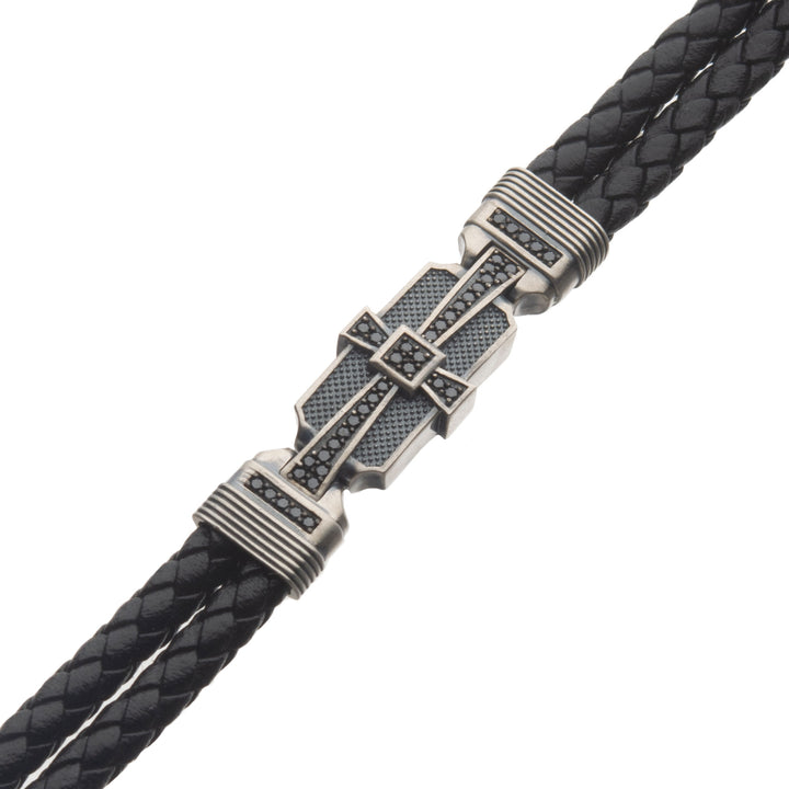Genuine Sterling Silver with Double Braid Black Leather & 40pc Black CZ Bracelet