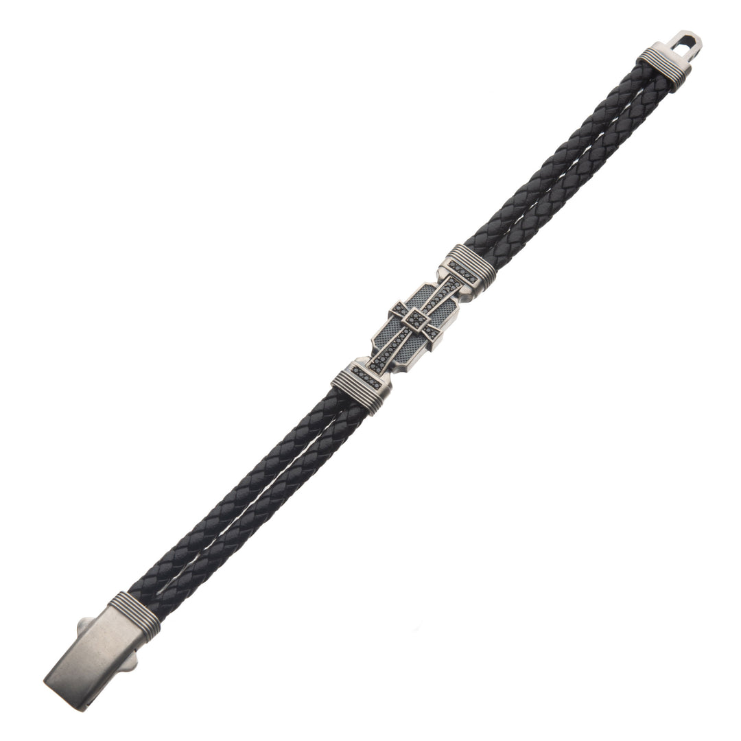 Genuine Sterling Silver with Double Braid Black Leather & 40pc Black CZ Bracelet