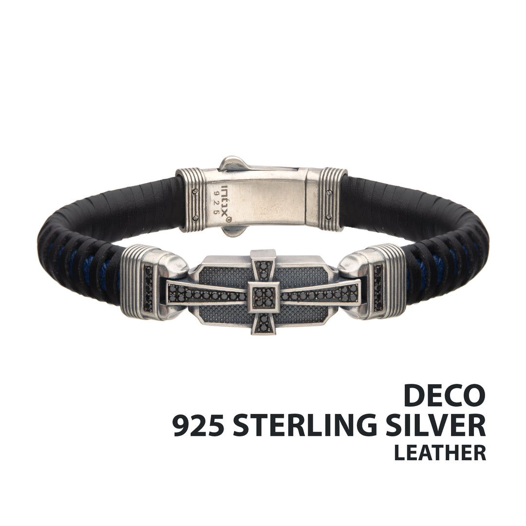 Genuine Sterling Silver with Black & Blue Leather & 40pc Black CZ Bracelet