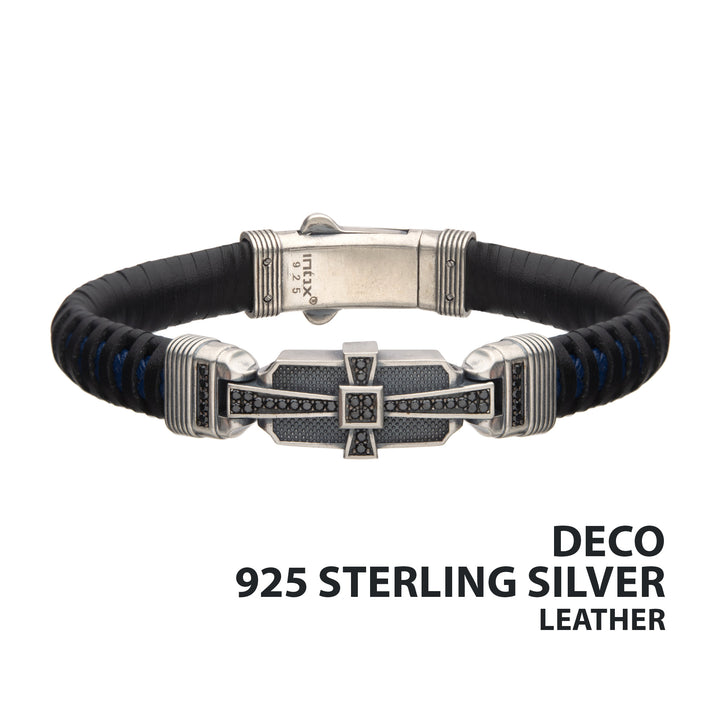 Genuine Sterling Silver with Black & Blue Leather & 40pc Black CZ Bracelet