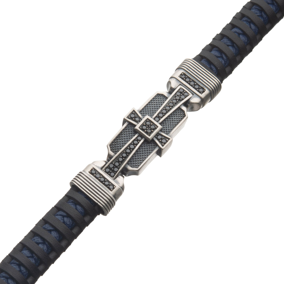 Genuine Sterling Silver with Black & Blue Leather & 40pc Black CZ Bracelet