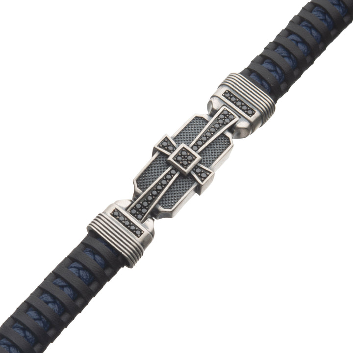 Genuine Sterling Silver with Black & Blue Leather & 40pc Black CZ Bracelet