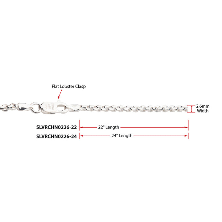 2.6mm 925 Italy Silver Polished Finish Box Chain Necklace with Flat Lobster Clasp