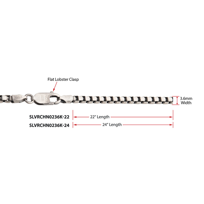 3.6mm 925 Italy Silver Black Rhodium Plated Brushed Satin Finish Box Chain Necklace