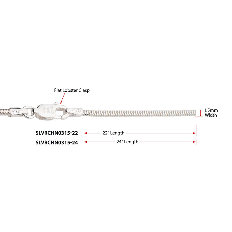 1.5mm 925 Italy Silver Polished Finish Snake Chain Necklace with Flat Lobster Clasp