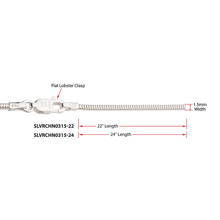 1.5mm 925 Italy Silver Polished Finish Snake Chain Necklace with Flat Lobster Clasp
