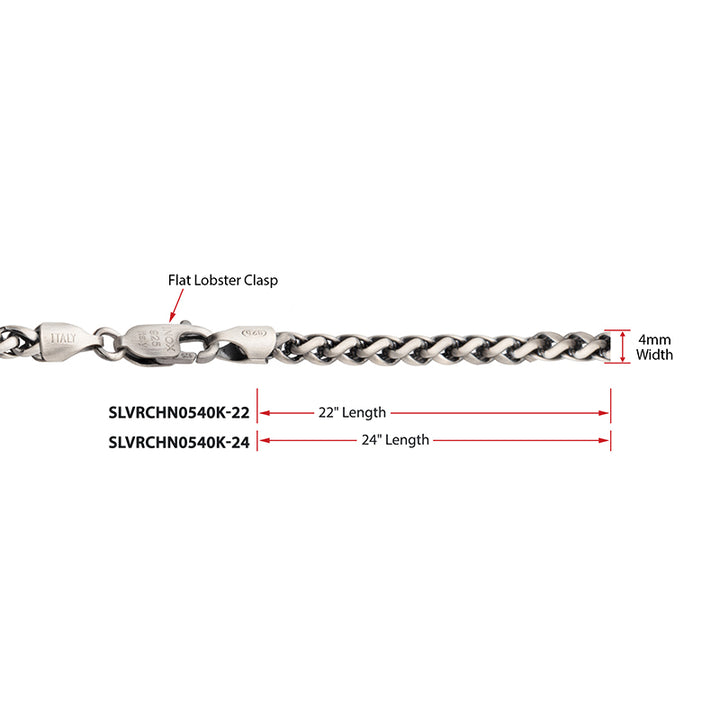4mm 925 Italy Silver Black Rhodium Plated Brushed Satin Finish Wheat Chain Necklace