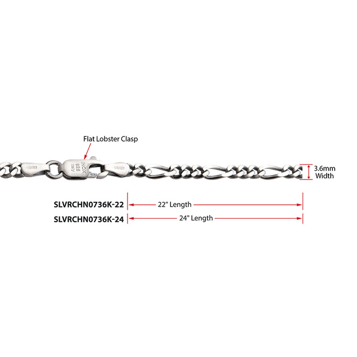 3.6mm 925 Italy Silver Black Rhodium Plated Brushed Satin Finish Figaro Chain Necklace