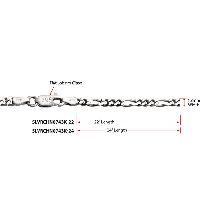 4.3mm 925 Italy Silver Black Rhodium Plated Brushed Satin Finish Figaro Chain Necklace