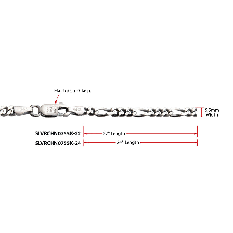 5.5mm 925 Italy Silver Black Rhodium Plated Brushed Satin Finish Figaro Chain Necklace