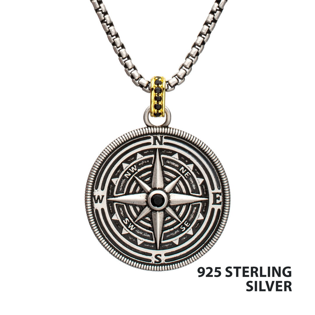 925 Sterling Silver Black Spinel Magellan Compass Pendant with Gold IP Bail