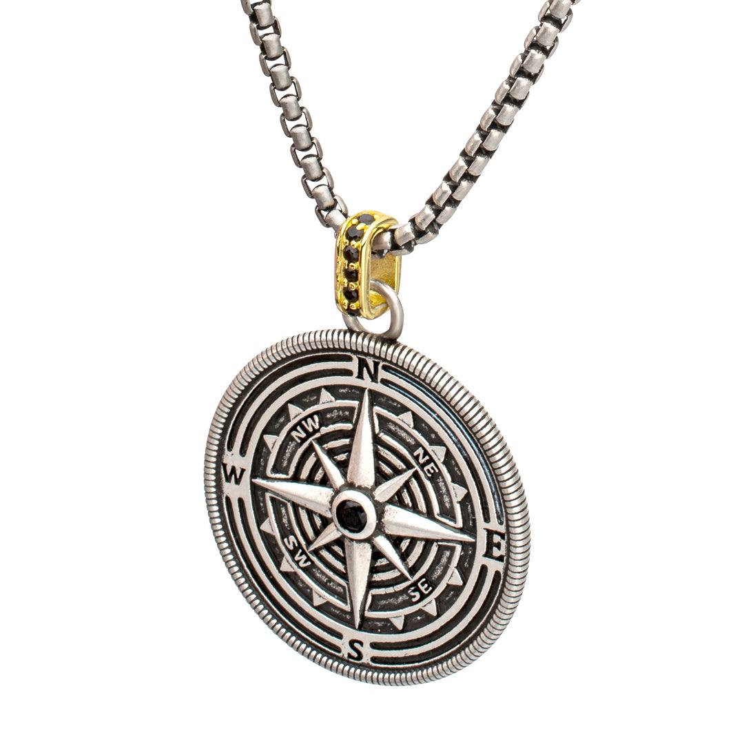 925 Sterling Silver Black Spinel Magellan Compass Pendant with Gold IP Bail