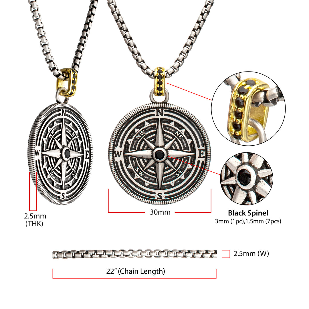 925 Sterling Silver Black Spinel Magellan Compass Pendant with Gold IP Bail