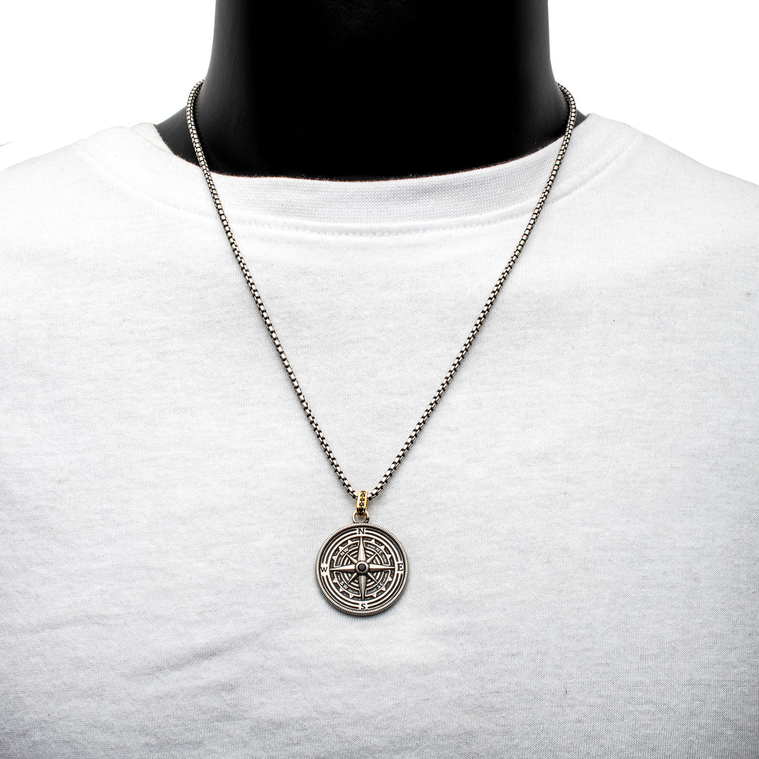 925 Sterling Silver Black Spinel Magellan Compass Pendant with Gold IP Bail