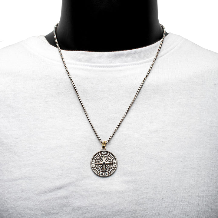 925 Sterling Silver Black Spinel Magellan Compass Pendant with Gold IP Bail