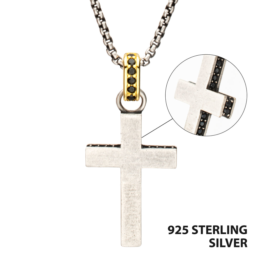 925 Sterling Silver Black Spinel Side Gem Cross Pendant with Gold IP Bail