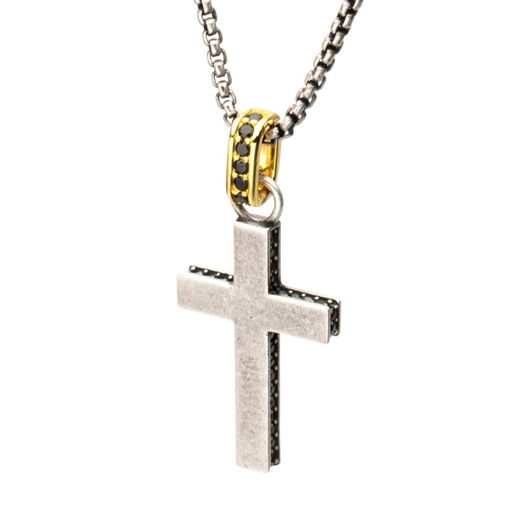925 Sterling Silver Black Spinel Side Gem Cross Pendant with Gold IP Bail