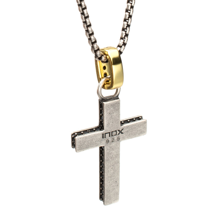 925 Sterling Silver Black Spinel Side Gem Cross Pendant with Gold IP Bail