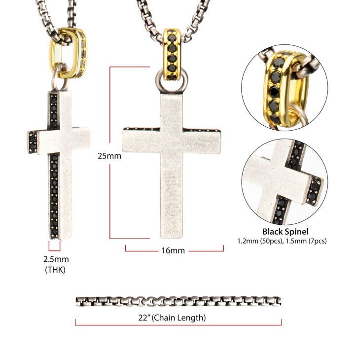 925 Sterling Silver Black Spinel Side Gem Cross Pendant with Gold IP Bail