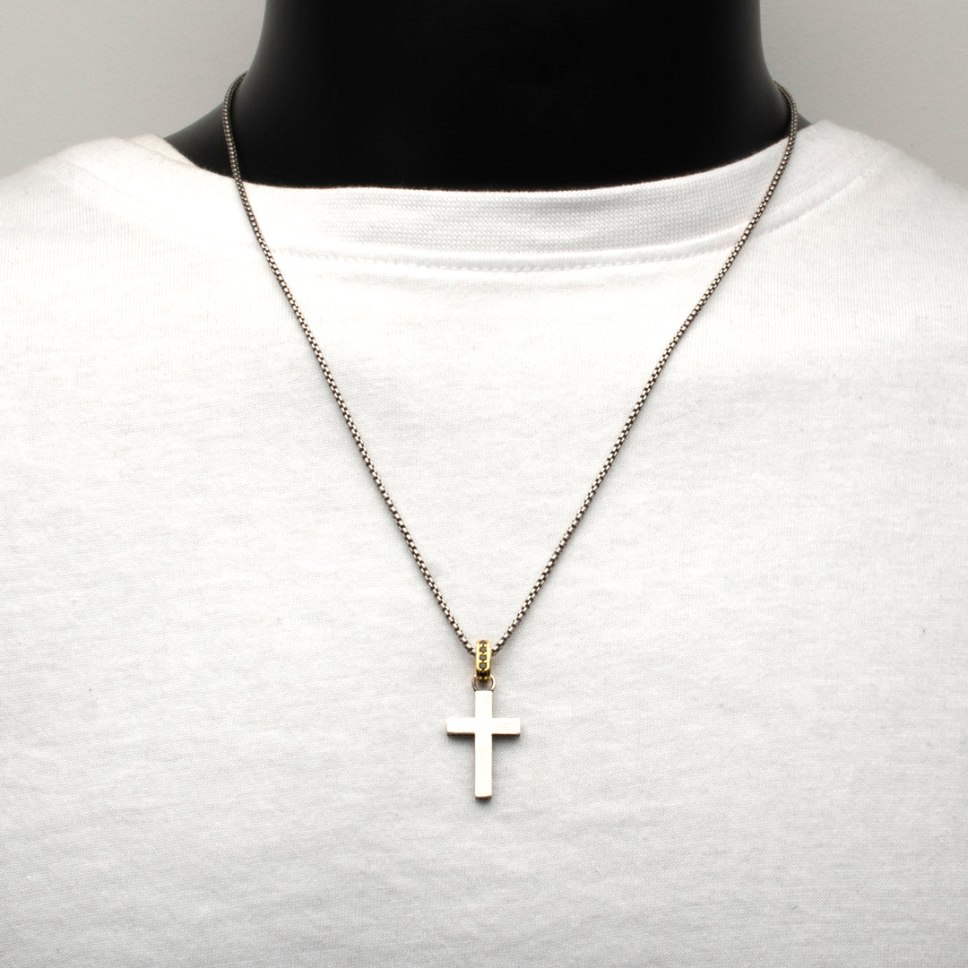 925 Sterling Silver Black Spinel Side Gem Cross Pendant with Gold IP Bail