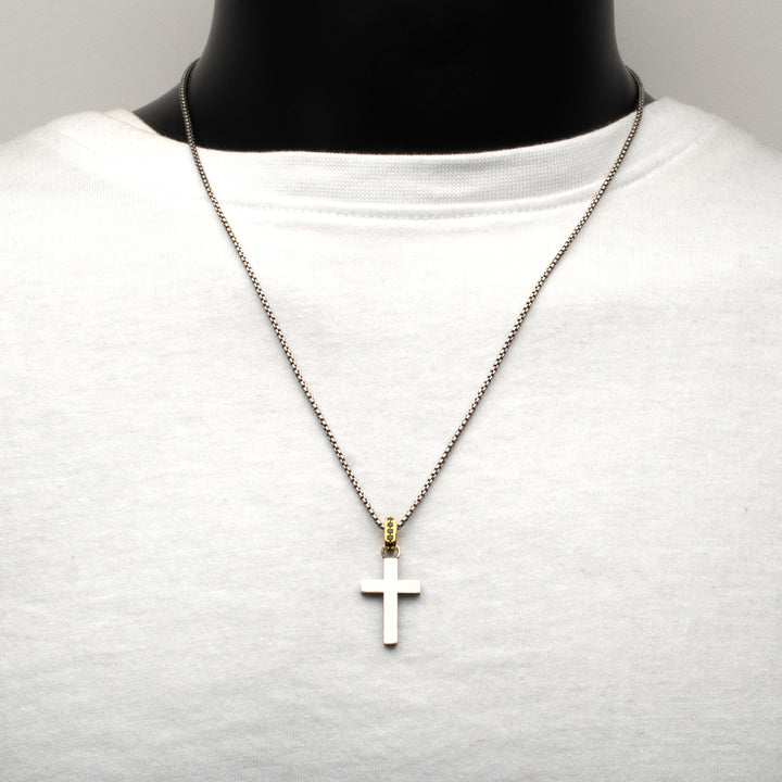 925 Sterling Silver Black Spinel Side Gem Cross Pendant with Gold IP Bail