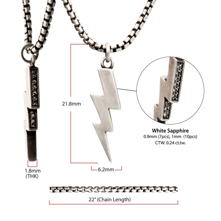 925 Sterling Silver White Sapphire Side Gem Lightning Bolt Pendant