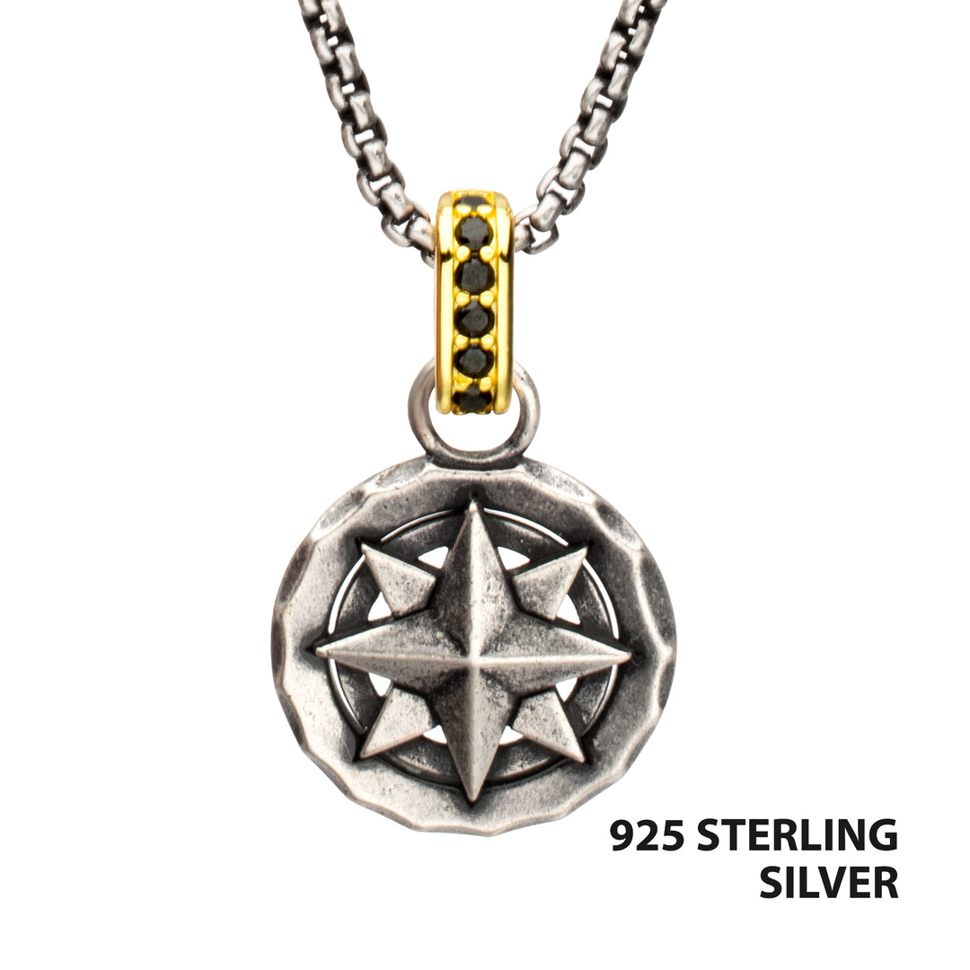 925 Sterling Silver Oxidized Compass Pendant with Black Spinel Gold IP Bail