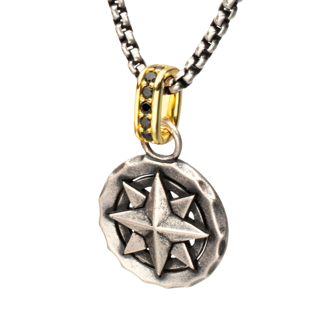 925 Sterling Silver Oxidized Compass Pendant with Black Spinel Gold IP Bail