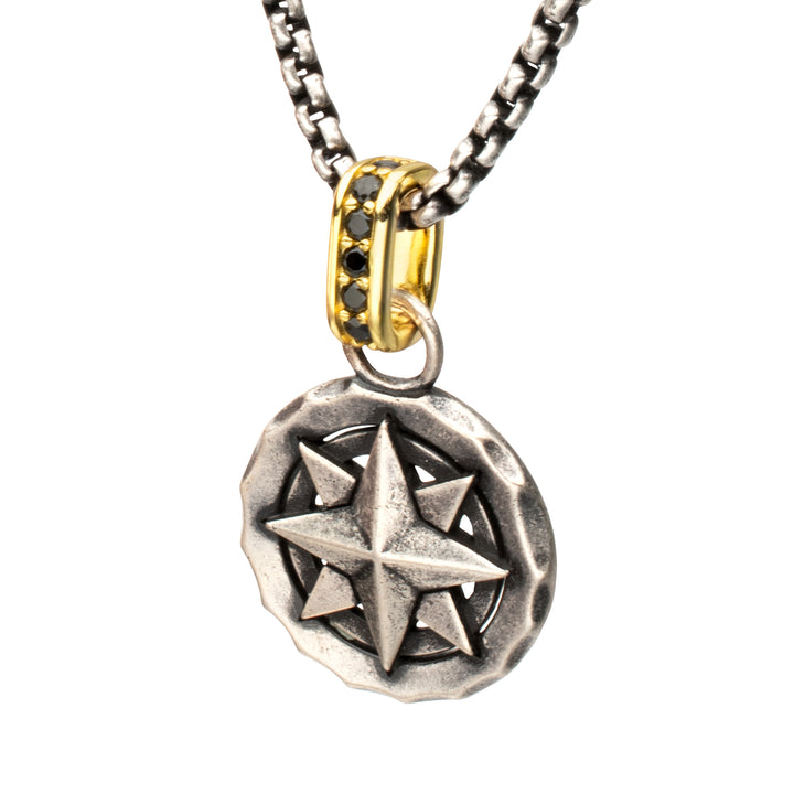 925 Sterling Silver Oxidized Compass Pendant with Black Spinel Gold IP Bail