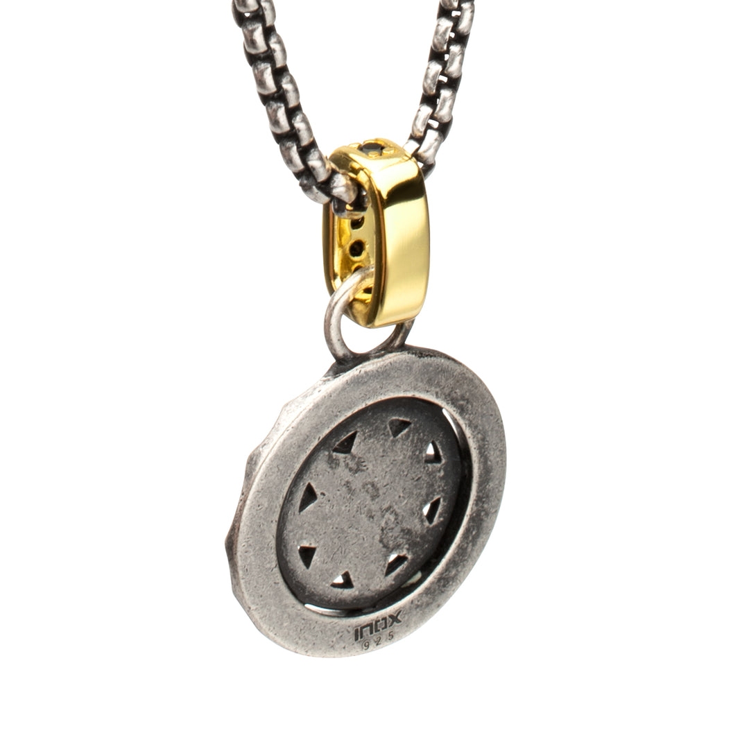 925 Sterling Silver Oxidized Compass Pendant with Black Spinel Gold IP Bail