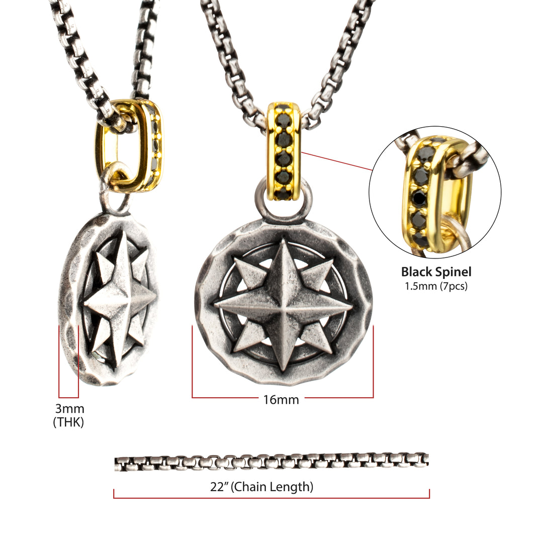 925 Sterling Silver Oxidized Compass Pendant with Black Spinel Gold IP Bail