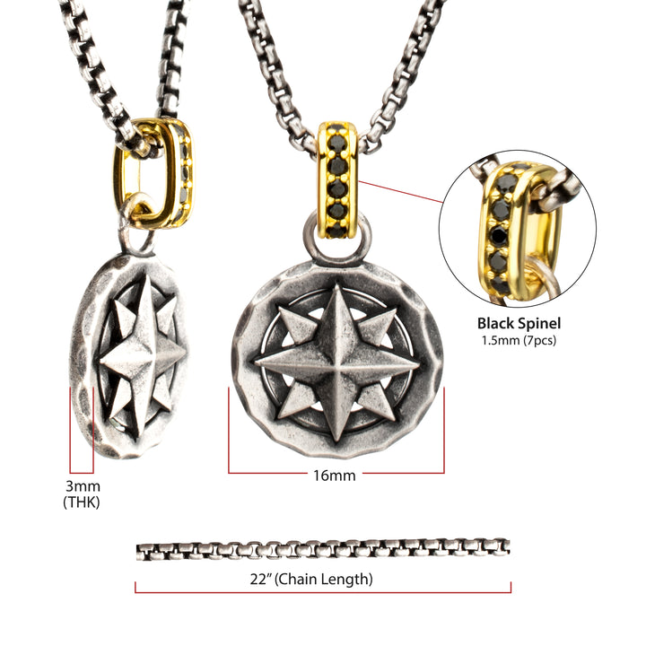 925 Sterling Silver Oxidized Compass Pendant with Black Spinel Gold IP Bail