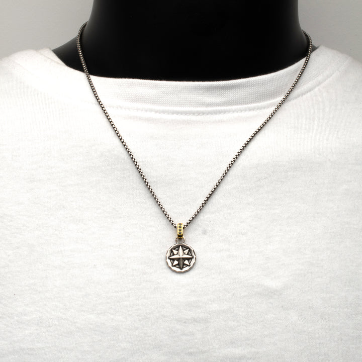 925 Sterling Silver Oxidized Compass Pendant with Black Spinel Gold IP Bail