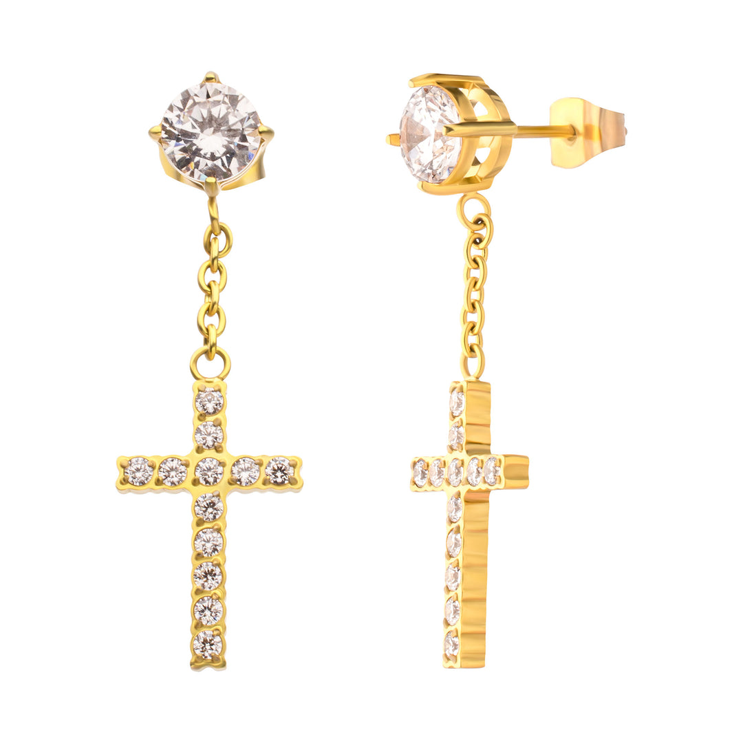 18Kt Gold IP Steel Prong Set Clear Gem Stud Earrings with Pave Gem Cross Dangle