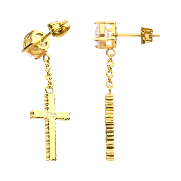 18Kt Gold IP Steel Prong Set Clear Gem Stud Earrings with Pave Gem Cross Dangle