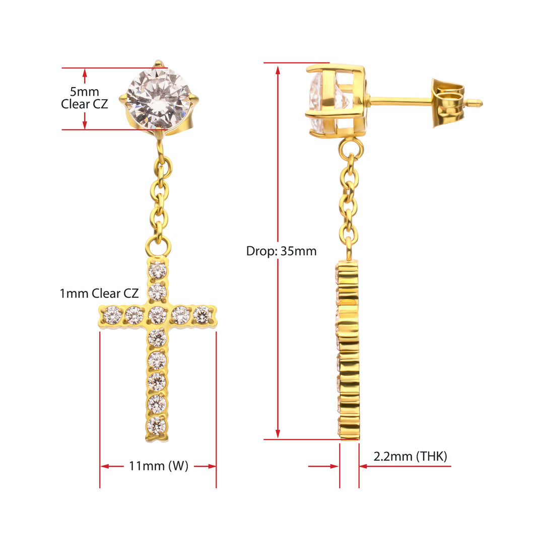 18Kt Gold IP Steel Prong Set Clear Gem Stud Earrings with Pave Gem Cross Dangle