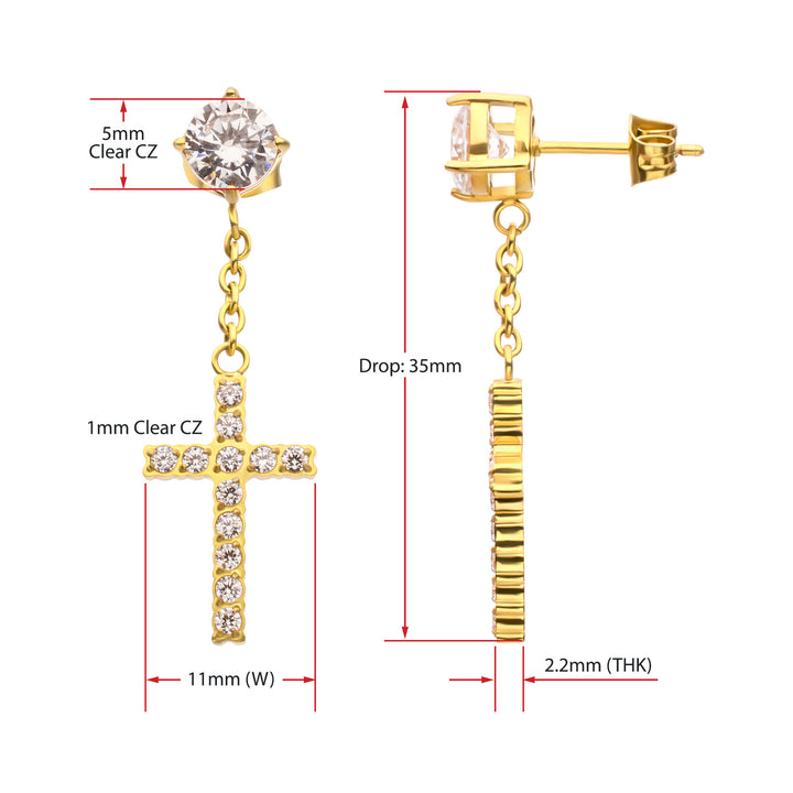 18Kt Gold IP Steel Prong Set Clear Gem Stud Earrings with Pave Gem Cross Dangle