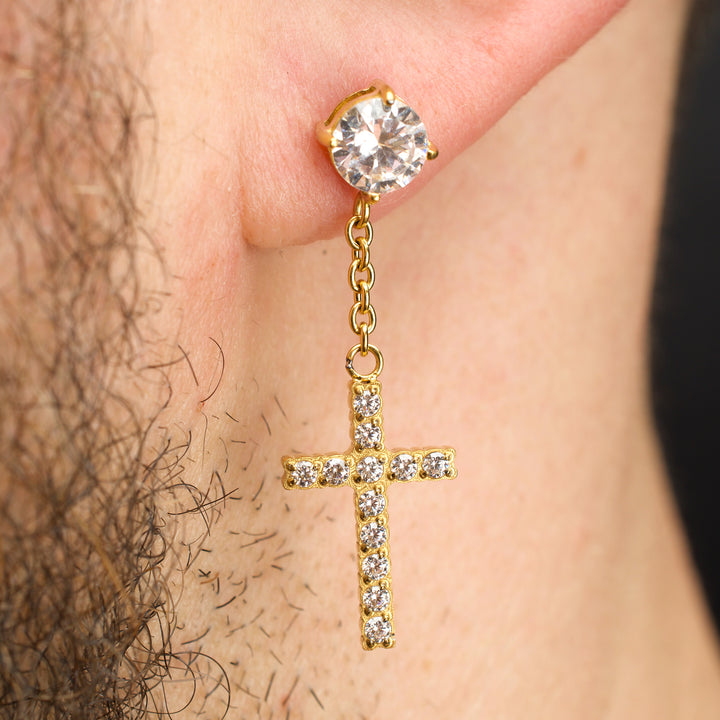 18Kt Gold IP Steel Prong Set Clear Gem Stud Earrings with Pave Gem Cross Dangle