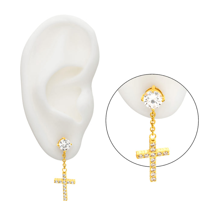 18Kt Gold IP Steel Prong Set Clear Gem Stud Earrings with Pave Gem Cross Dangle