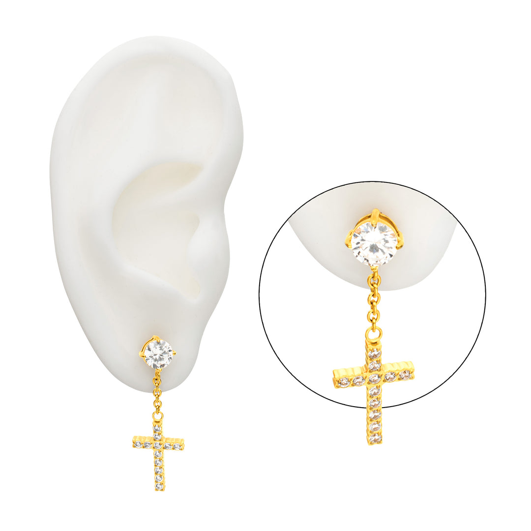 18Kt Gold IP Steel Prong Set Clear Gem Stud Earrings with Pave Gem Cross Dangle