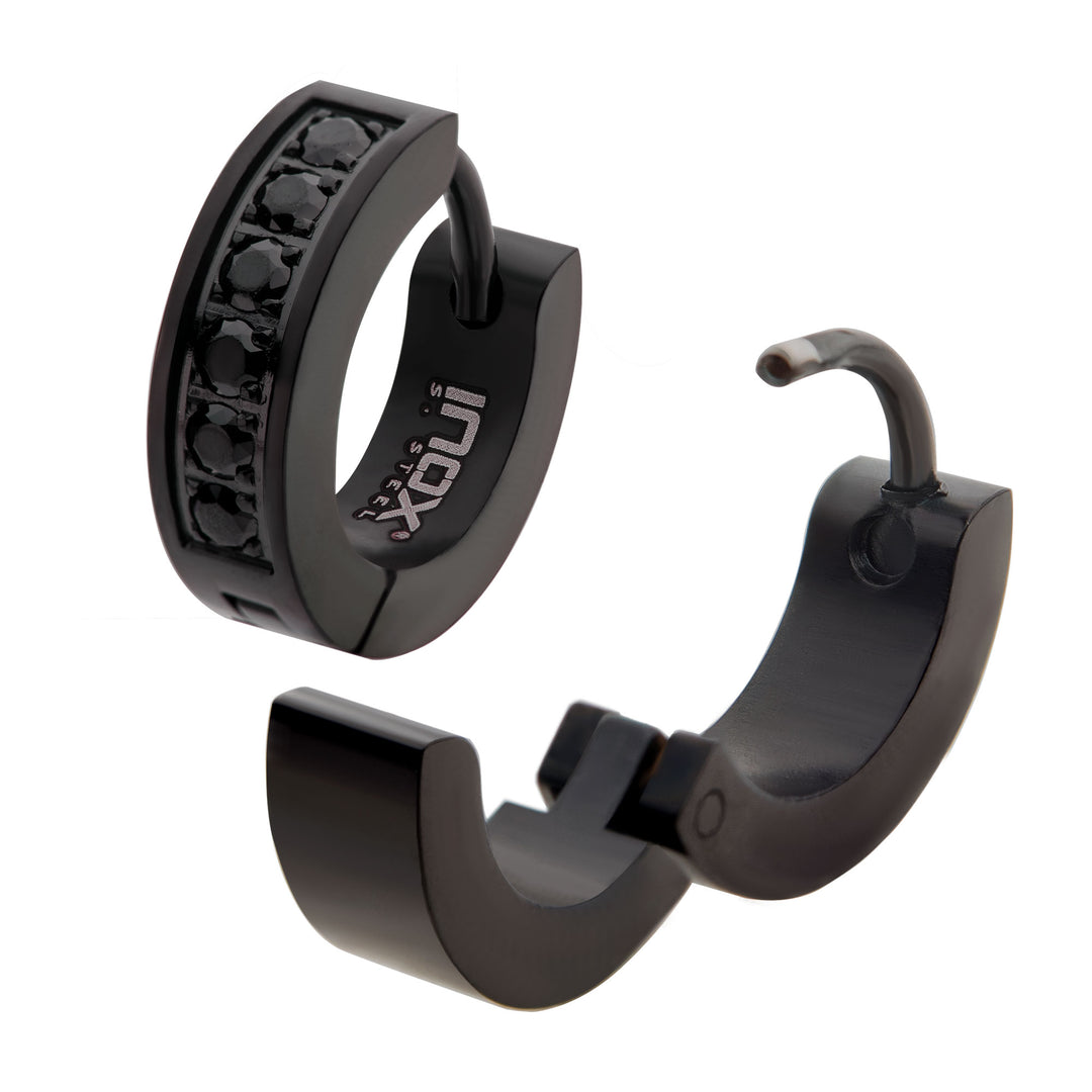 Black IP with Prong Set Round Black CZ Huggie Earrings