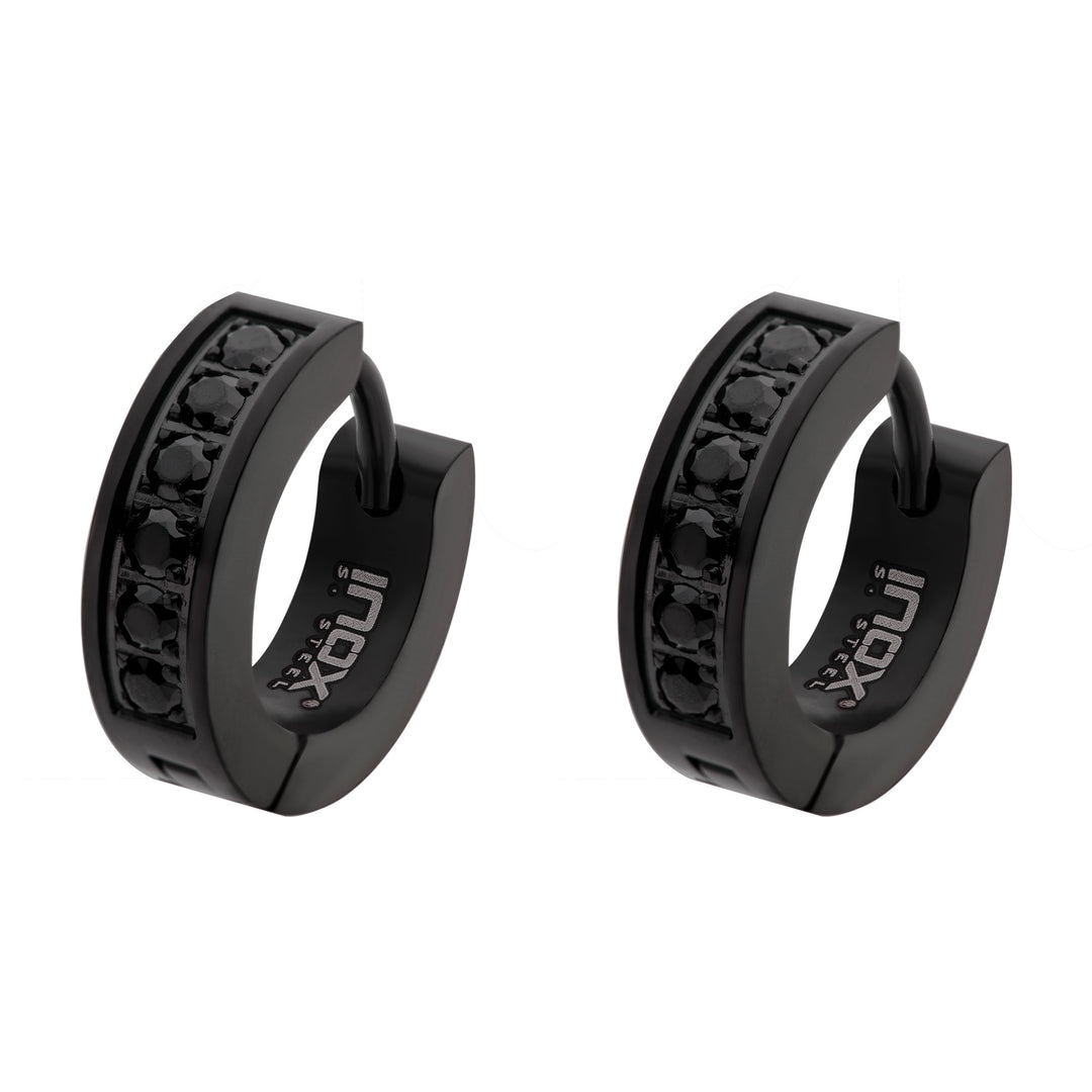 Black IP with Prong Set Round Black CZ Huggie Earrings