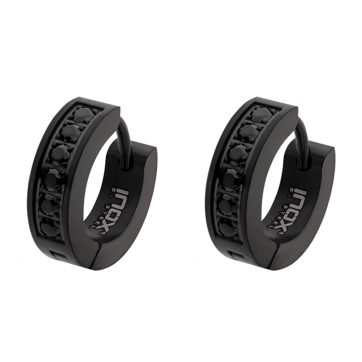 Black IP with Prong Set Round Black CZ Huggie Earrings
